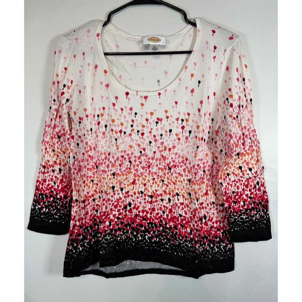 Talbots Womens Medium Heart Print Ombre Knit Sweater 3/4 Sleeve Red White Black